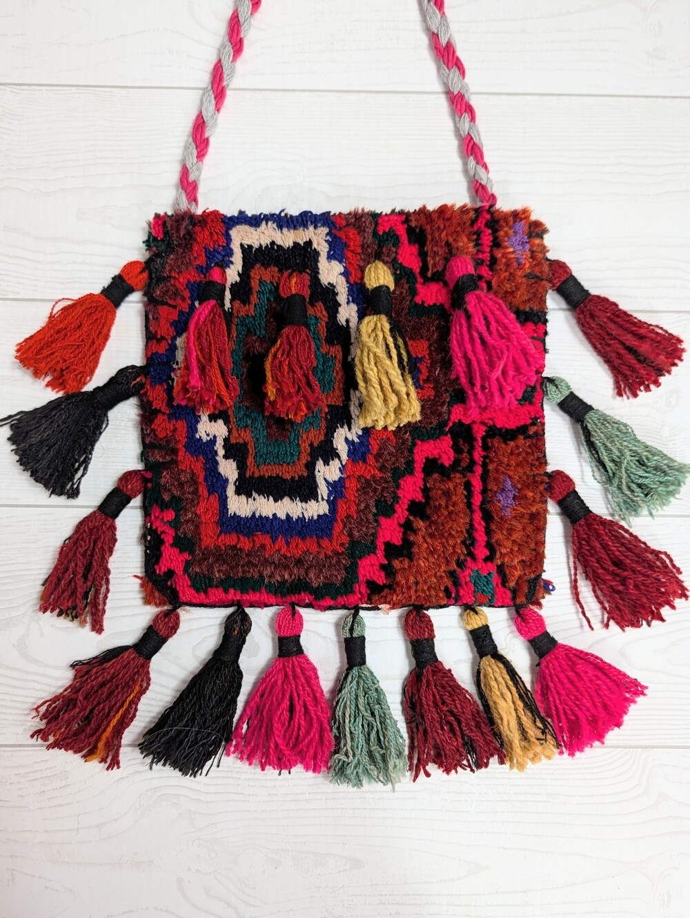 Vintage Wool Carpet Salt Bag Tapestry Tassel Textile Wall Hanging Or Purse Tote